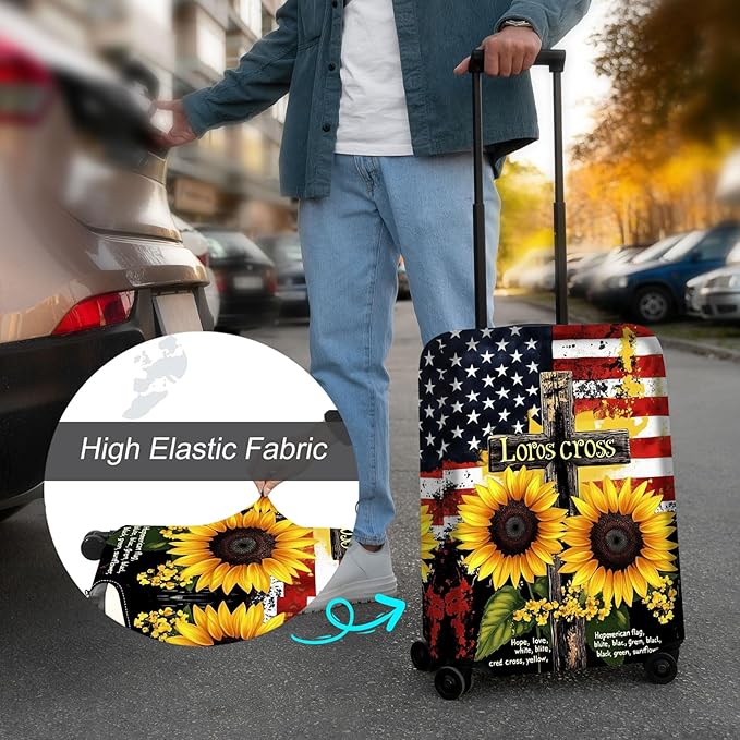 Luggage Cover Protector for 26-28 Inch Suitcases, TSA Approved Elastic Travel Suitcase Covers, Anti-Scratch Washable Luggage Sleeve for Carry On & Checked Bags, Cross Sunflower
