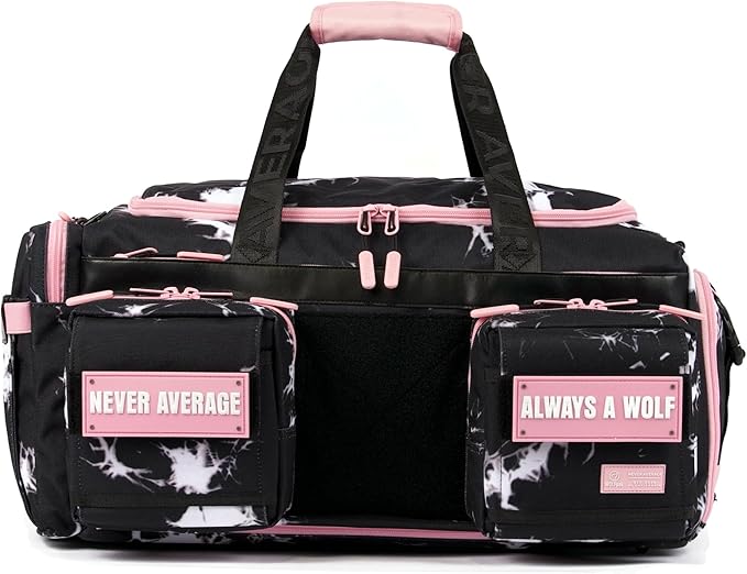 WOLFpak Ultimate 40L Gym & Travel Duffle Bag | Heavy-Duty Gear Bag w/Durable Waterproof 1000D Oxford Material | Hard Shell Base, Laptop Sleeve, Custom Patch Options | (Black Lightning Knockout Pink)