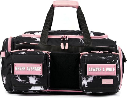 WOLFpak Ultimate 40L Gym & Travel Duffle Bag | Heavy-Duty Gear Bag w/Durable Waterproof 1000D Oxford Material | Hard Shell Base, Laptop Sleeve, Custom Patch Options | (Black Lightning Knockout Pink)