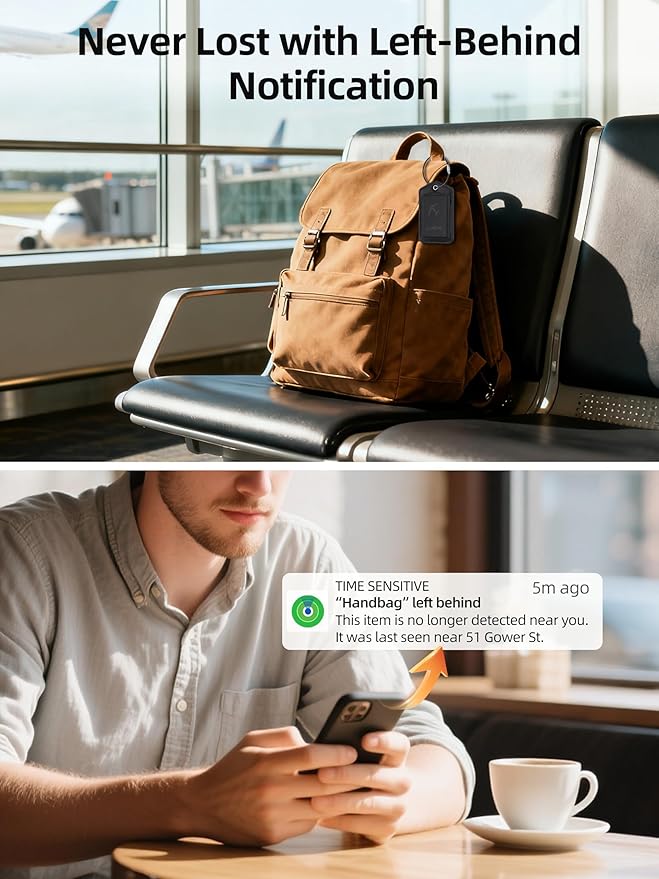 Luggage Tags, Works with Apple Find My, Leather Luggage Tag for Suitcases, Travel Tags, Bag Tag for Backpacks, Suitcase Tag with Privacy Flap, Anti-Lost Smart Luggage Tracker, Travel Essentials, Black