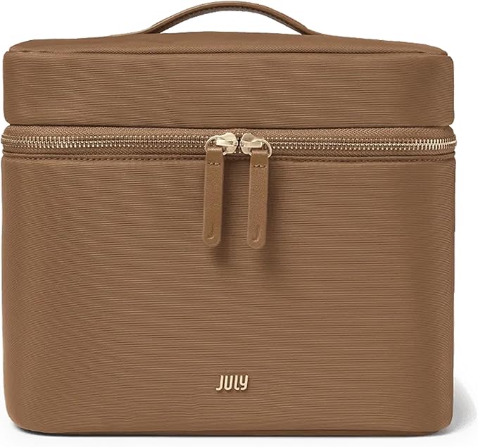 Vanity Cosmetic Case - Stylish Travel Makeup Bag for Women with Removable Wet Pouch, Upright Bottle Design, Clear Top Pocket, Leather Handle, Travel Essentials, Toiletry Organizer - Light Brown