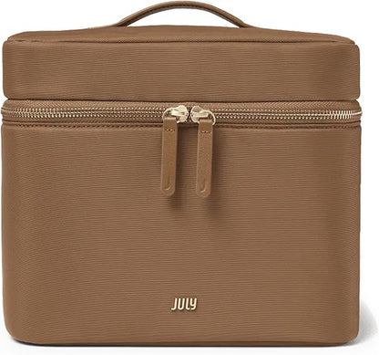 Vanity Cosmetic Case - Stylish Travel Makeup Bag for Women with Removable Wet Pouch, Upright Bottle Design, Clear Top Pocket, Leather Handle, Travel Essentials, Toiletry Organizer - Light Brown