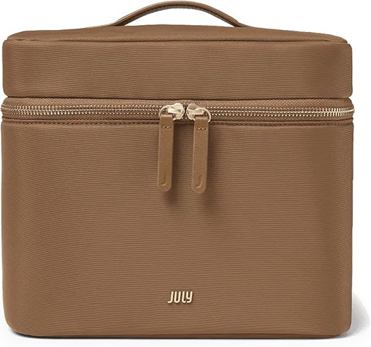 Vanity Cosmetic Case - Stylish Travel Makeup Bag for Women with Removable Wet Pouch, Upright Bottle Design, Clear Top Pocket, Leather Handle, Travel Essentials, Toiletry Organizer - Light Brown