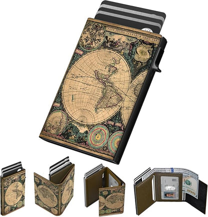 typecase Mens Wallet Card Holder: Pop Up Aluminum Case, Carbon Fiber Leather, Smart, RFID Blocking, Slim, Minimalist, Front Pocket - 9-14 Card Capacity | ID Window | Cash Slot (Map)