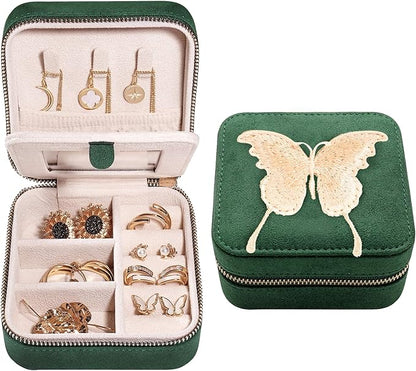 S.Leaf Travel Jewelry Organizer Boxes for Women Small Portable Necklace Earrings Bracelet Rings Travel Case Best Friend Birthday Gifts for Women Trendy (Butterfly_Green_Gold)