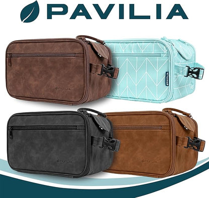 PAVILIA Large Toiletry Bag for Men Women, Mens Travel Bag Toiletries Organizer Case for Grooming, Travel Essentials Shaving Dopp Kit, PU Leather Water Resistant Cosmetic Pouch, Brown