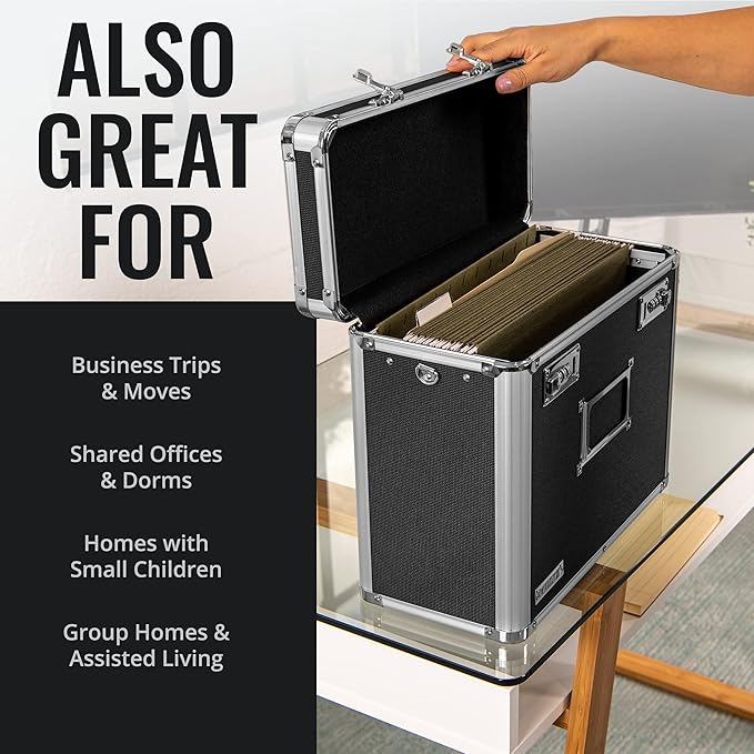 Vaultz File Organizer Storage Box - 14 x 7 x 12.19 Inch Letter Size, Portable Locking Storage Totes with Dual Combination Locks for Filing Office Documents - Black