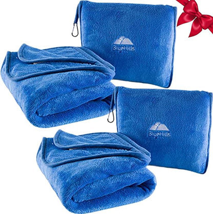 BlueHills 2-Pack Premium Soft Travel Blanket Pillow Airplane Blanket in Soft Bag Pillowcase with Hand Luggage Belt and Backpack Clip, Compact Pack Large Blankets for Any Travel Royal Blue T015