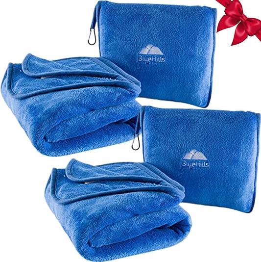 BlueHills 2-Pack Premium Soft Travel Blanket Pillow Airplane Blanket in Soft Bag Pillowcase with Hand Luggage Belt and Backpack Clip, Compact Pack Large Blankets for Any Travel Royal Blue T015