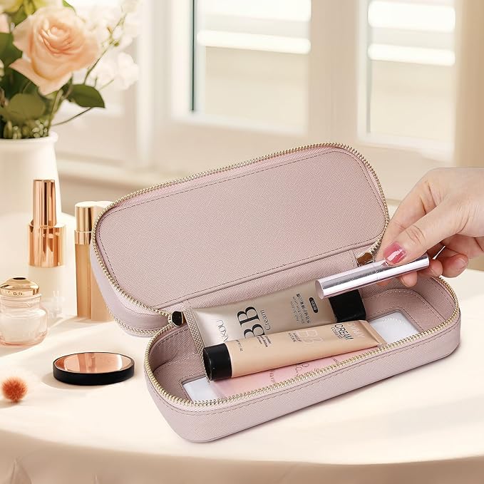 Pinkmik Double Layer Makeup Bag Makeup Brush Case Waterproof Travel Cosmetic & Toiletry Bag Purse Organizer and Car Essentials for Women (Pink, Double SLIM)