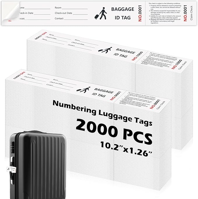 2000 Pcs Paper Hotel Luggage Tags with Transfer Tape On Back Luggage Tags Bulk Black Baggage Claim Check Tags Serial Numbering Claim Ticket Baggage Identification for Suitcase Motel Bag Storage