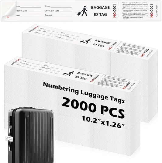 2000 Pcs Paper Hotel Luggage Tags with Transfer Tape On Back Luggage Tags Bulk Black Baggage Claim Check Tags Serial Numbering Claim Ticket Baggage Identification for Suitcase Motel Bag Storage