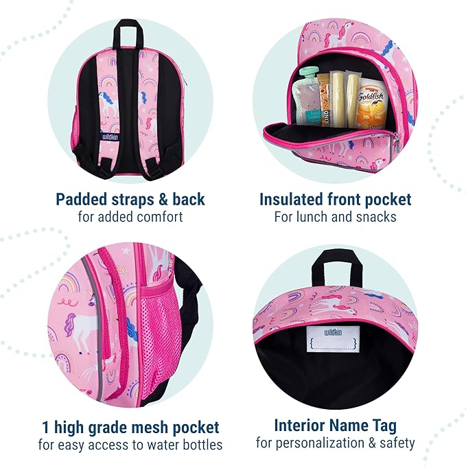 Wildkin 12-inch Kids Backpack – Padded, Adjustable, Ideal for Daycare & Travel - Rainbow Unicorns