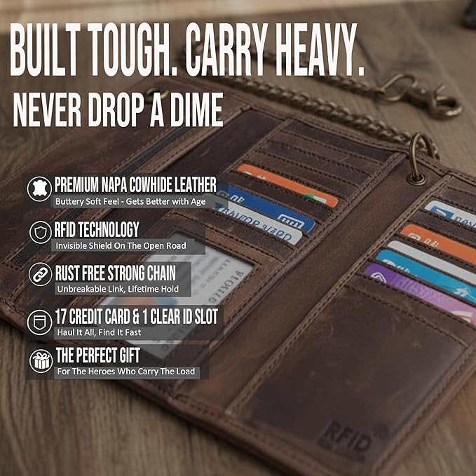IBRO VINTAGE Motorcycle Chain Wallet for Men – Premium Cowhide Leather, RFID Tri-Fold Biker Wallet with Heavy Duty Chain for Bikers Truckers & Hunters, Credit Card Money Organizer Long Wallet