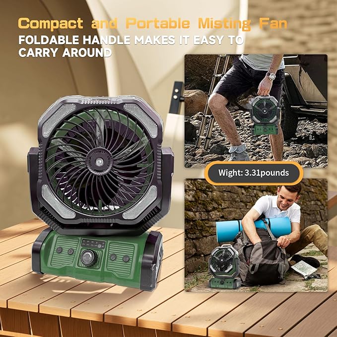 Portable Misting Fan with LED Light & 20000mAh Power Bank - Rechargeable Camping Fan with Remote, Spotless Speeds & 360° Pivot Hook for Outdoor, Hurricane, RV, Power Outages