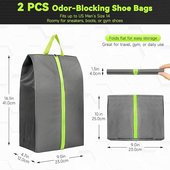 2 Pack Large Soccer Cleat Bag, Odor-Absorbing Lightweight Track Shoe Organizer for Travel, Gym & Sports | Smell-Proof Storage with Active Carbon Fabric (Spikes, Golf, Tennis，Bowling)