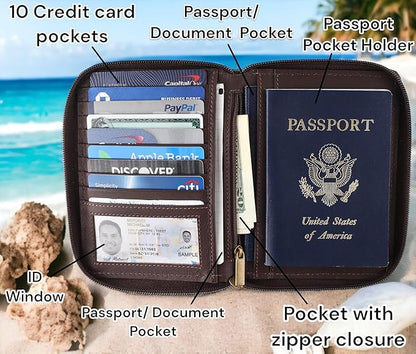 Passport Wallet - Travel Document Holder w/RFID Blocking – Full Grain Leather – Bifold compact zip around Wallet with Credit Card Slots for Women and Men,Turquoise floral,500-50