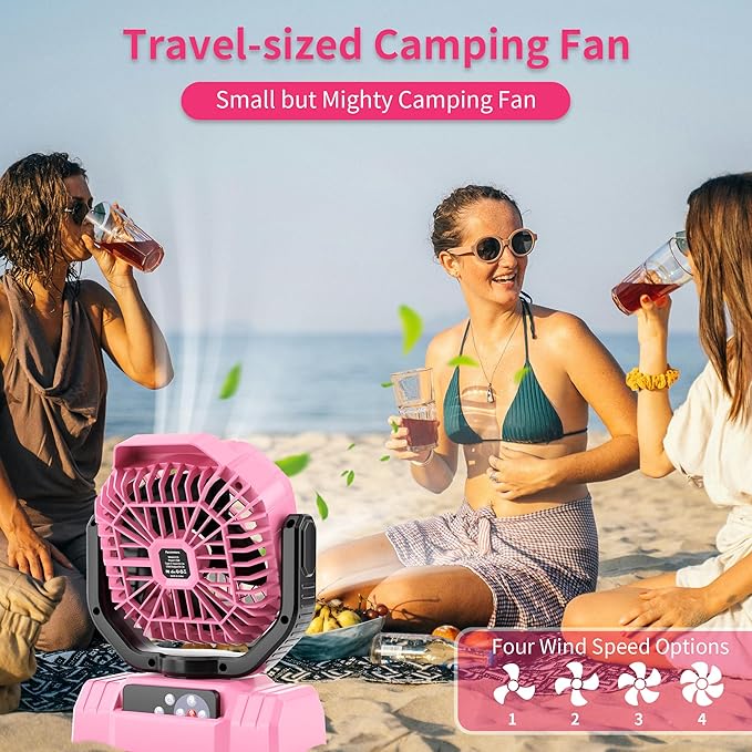 AVV 20000mAh High Speed Portable Camping Rechargeable Fan with Remote Control, Battery Powered with Auto Oscillating with Camping Essentials Accessories for Outdoor, Beach, Patio, Tent, Pink
