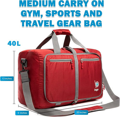 Bago Foldable Duffel Bags for Traveling Women & Men - 40L Sports Packable Duffle Bag for Travel with Shoe Compartment - Water Repellant, Heavy Duty, Lightweight Folding & Collapsible (Red)