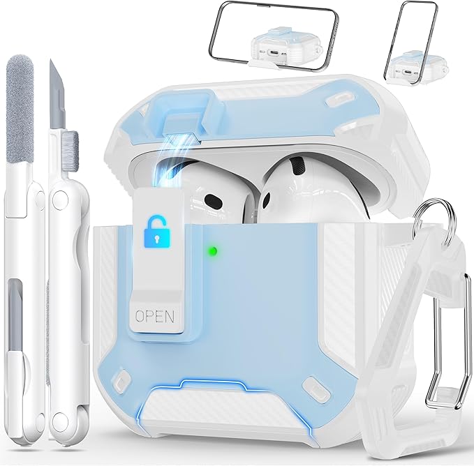 RFUNGUANGO Compatible AirPods 4th Generation Protective Case with Phone Holder and Compatible Back Magnetic Suction Function, Suitable for AirPods 4th Case-White + Blue