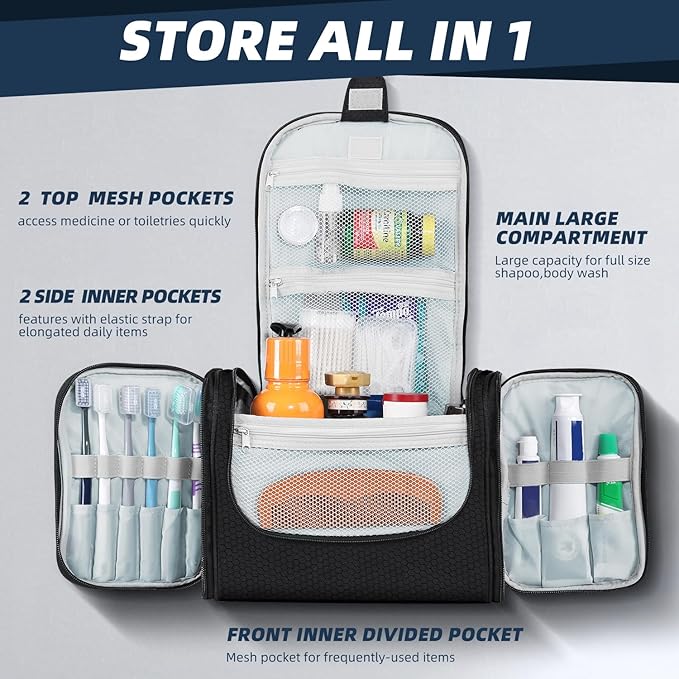 Buruis Large Toiletry Bag for Women and Men, Hanging Travel Bag for Makeup, Cosmetics, Shaving, Toiletries, Water-Resistant Dopp Kit for Gym, Camping, or Daily Use, Black