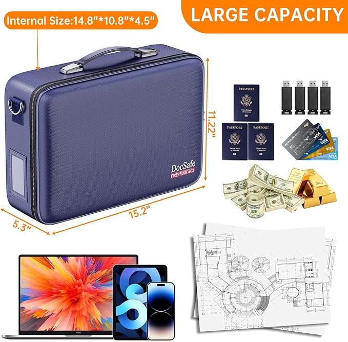 DocSafe Fireproof Document Box with Lock＆Shoulder Strap,Hard Case File Organizer with Accordion File Folder,Multi-Layer Portable Home Office Travel Safe Storage for Important Documents Laptop Blue