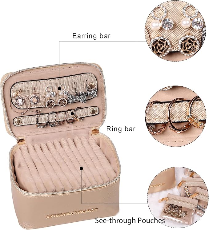 Angelina's Palace Jewelry Organizer Case Bridesmaid Gifts Travel Bag Vegan Leather Box for Necklace Earring Bracelet Ring(champagne)