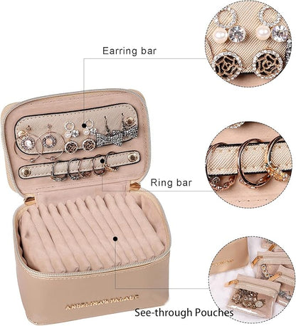 Angelina's Palace Jewelry Organizer Case Bridesmaid Gifts Travel Bag Vegan Leather Box for Necklace Earring Bracelet Ring(champagne)