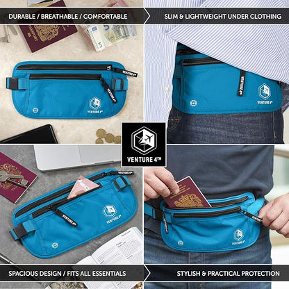 VENTURE 4TH Travel Money Belt - Slim Passport Holder RFID Blocking Travel Pouch to Protect Cash, Credit Cards and Travel Documents (Blue)