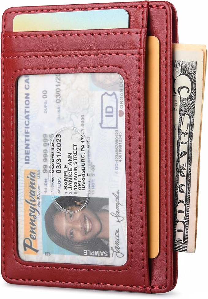 Buffway Slim Minimalist Front Pocket RFID Blocking Leather Wallets for Men and Women - Alaska Cherry