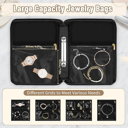 Yotako Travel Jewelry Organizer Case-Jewelry Organizer Jewelry Storage Book Binder with Clear Zipper Velvet Pouch for Travel Home Use, Jewelry Bags for Earrings, Rings, Necklace, Bracelet, Black