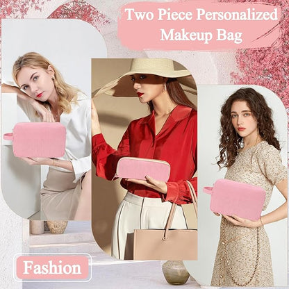 Personalized Initial Makeup Bag Trendy Stuff Corduroy Cosmetic Bag Travel Toiletry Bag for Women, Christmas/Thanksgiving/Halloween Gifts Makeup Organizer Case for Teen Girls Mom Girlfriend Wife - Pink