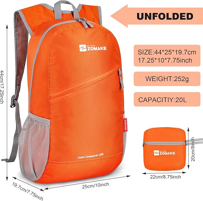 ZOMAKE Lightweight Packable Backpack 20L - Foldable Backpack Small Daypack Hiking Backpack Water-Resistant Day Bag for Travel(Orange)