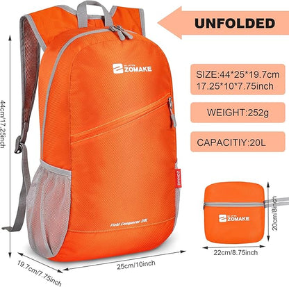 ZOMAKE Lightweight Packable Backpack 20L - Foldable Backpack Small Daypack Hiking Backpack Water-Resistant Day Bag for Travel(Orange)