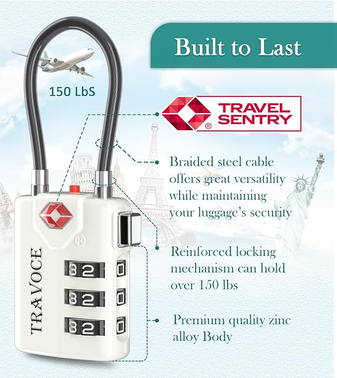 Search Alert TSA Approved Travel Combination Luggage Cable Locks for Suitcase, Gym Locker,Toolbox,Backpack 1,2,4,6 &10 pk (White 4 Pack)