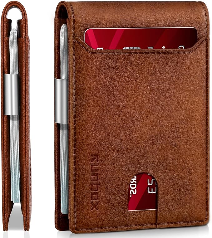 RUNBOX Slim Wallets for Men - Leather Money Clip Mens Wallet - RFID Blocking Front Pocket Bifold Wallet - Thin Credit Card Holder with Gift Box