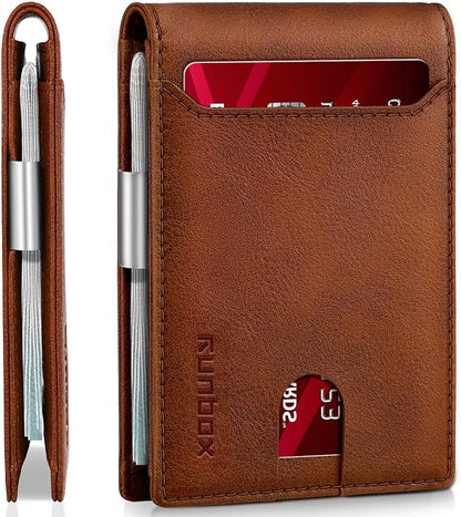 RUNBOX Slim Wallets for Men - Leather Money Clip Mens Wallet - RFID Blocking Front Pocket Bifold Wallet - Thin Credit Card Holder with Gift Box