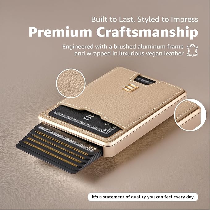 RFID Blocking Wallet, Minimalist Card Holder with Quick Access, Holds 1 to 12 Cards & Cash, Vegan Leather & Brushed Aluminum, Gift-Ready Packaging (Beige)