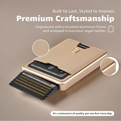 RFID Blocking Wallet, Minimalist Card Holder with Quick Access, Holds 1 to 12 Cards & Cash, Vegan Leather & Brushed Aluminum, Gift-Ready Packaging (Beige)
