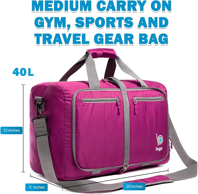 Bago Foldable Duffel Bags for Traveling Women & Men - 40L Sports Packable Duffle Bag for Travel with Shoe Compartment - Water Repellant, Heavy Duty, Lightweight Folding & Collapsible (Pink)