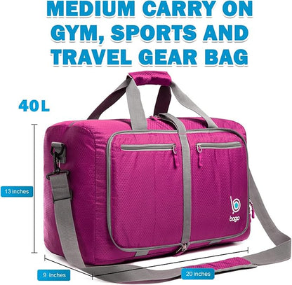 Bago Foldable Duffel Bags for Traveling Women & Men - 40L Sports Packable Duffle Bag for Travel with Shoe Compartment - Water Repellant, Heavy Duty, Lightweight Folding & Collapsible (Pink)