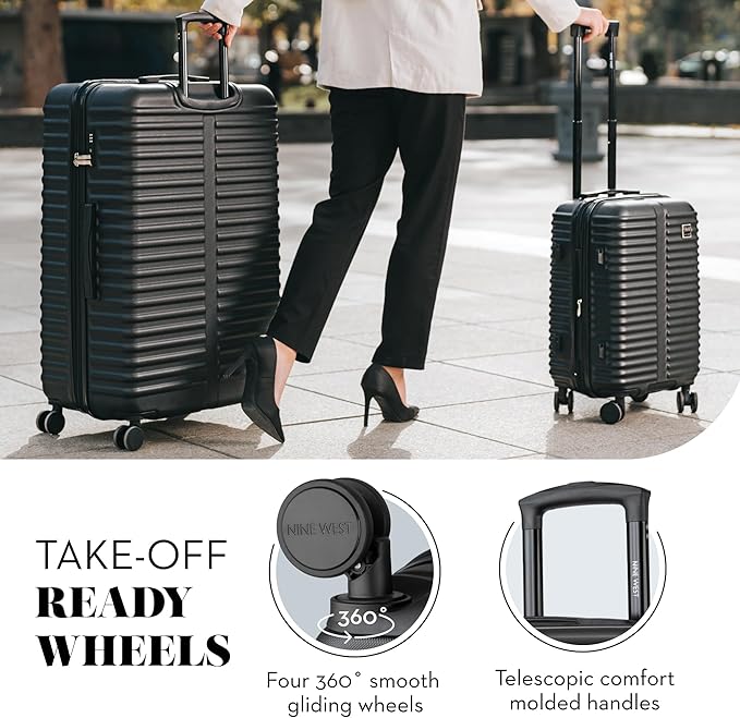 Nine West Suvi 2 Piece Luggage Set for Cruise & Extended Trips, 32" Large Expandable Suitcase & 20" Smart Carry On with USB Port, Hardshell Spinners Midnight Black