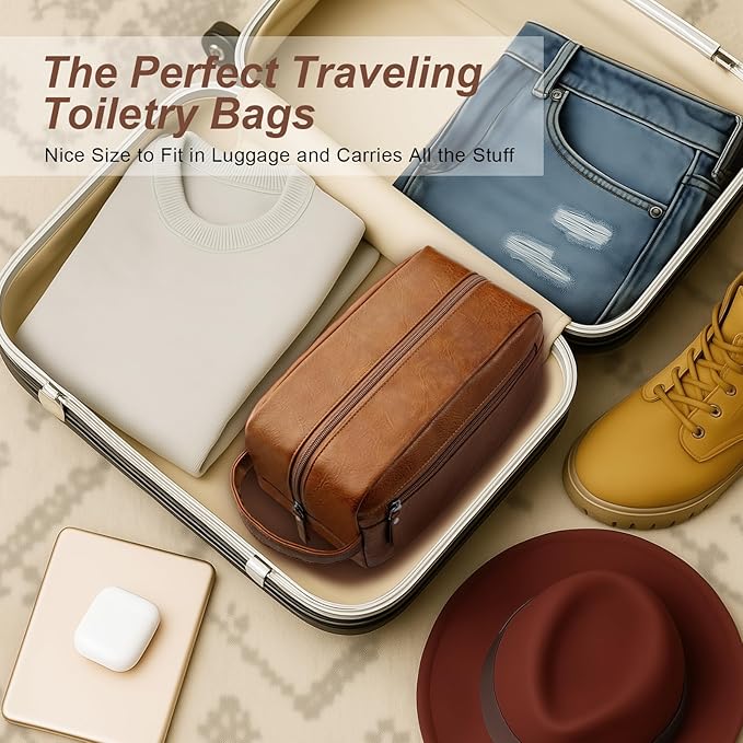 Travel Toiletry Bag for Men and Women, Travel Shaving Dopp Kit Water-resistant Bathroom Toiletries Organizer PU Leather Cosmetic Bags (Dark Brown)