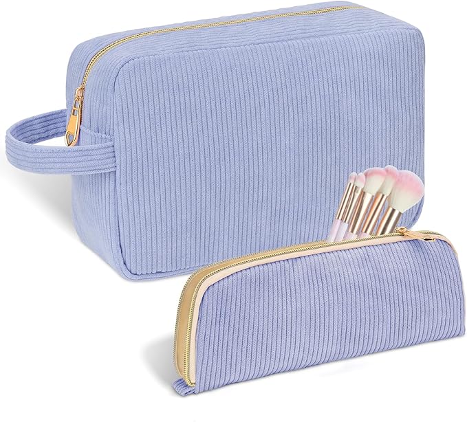 Personalized Initial Makeup Bag Trendy Stuff Corduroy Cosmetic Bag Travel Toiletry Bag, Christmas/Thanksgiving/Halloween Gifts Makeup Organizer Case for Women Girls Mom Girlfriend Wife - Blue