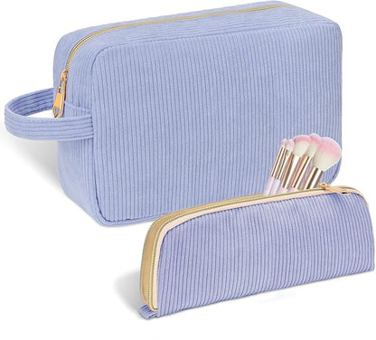 Personalized Initial Makeup Bag Trendy Stuff Corduroy Cosmetic Bag Travel Toiletry Bag, Christmas/Thanksgiving/Halloween Gifts Makeup Organizer Case for Women Girls Mom Girlfriend Wife - Blue