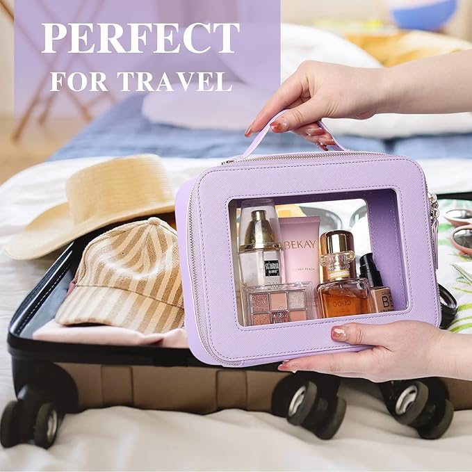 Pinkmik Clear Makeup Bag for Women Waterproof Travel Cosmetics and Toiletries Case Portable Makeup Oaganizer Bag Clear Car Bag with Zipper (X/Purple, M+L)