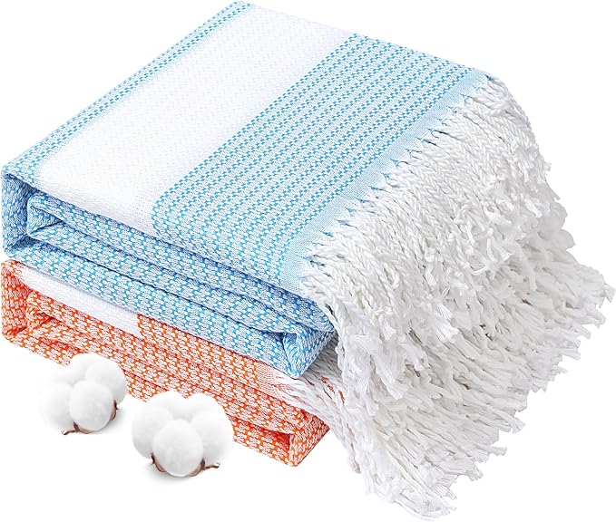 Genovega 2 Packs Oversized Turkish Beach Towels 74"x38" Thin Quick Dry Sand Free Pool Swim Bathing Towel Extra Large Blanket Adult Travel Essentials Accessories Summer Vacation Blue Orange Dot