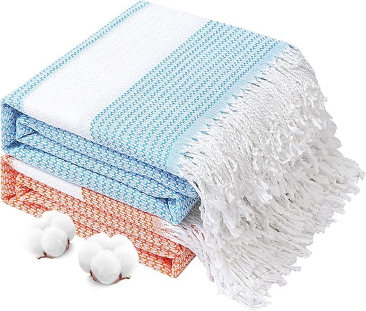 Genovega 2 Packs Oversized Turkish Beach Towels 74"x38" Thin Quick Dry Sand Free Pool Swim Bathing Towel Extra Large Blanket Adult Travel Essentials Accessories Summer Vacation Blue Orange Dot
