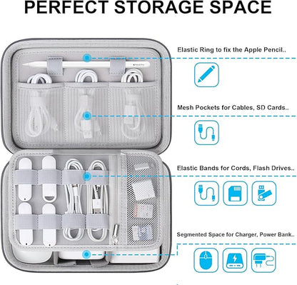 Lacdo Hard Travel Electronic Organizer Case for MacBook Power Adapter Charger, Cables, Apple Pencil, Mouse, Power Bank, USB Flash Disk,SD Card Small Protective Portable Accessories & 3 Cable Tie, Gray