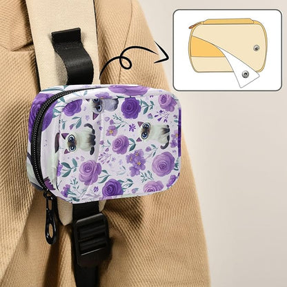 Purple Floral Cute Cats Travel Pill Organizer Case Box Container Weekly Portable Vitamin Medicine Holder Storage Bag with Zipper Removable